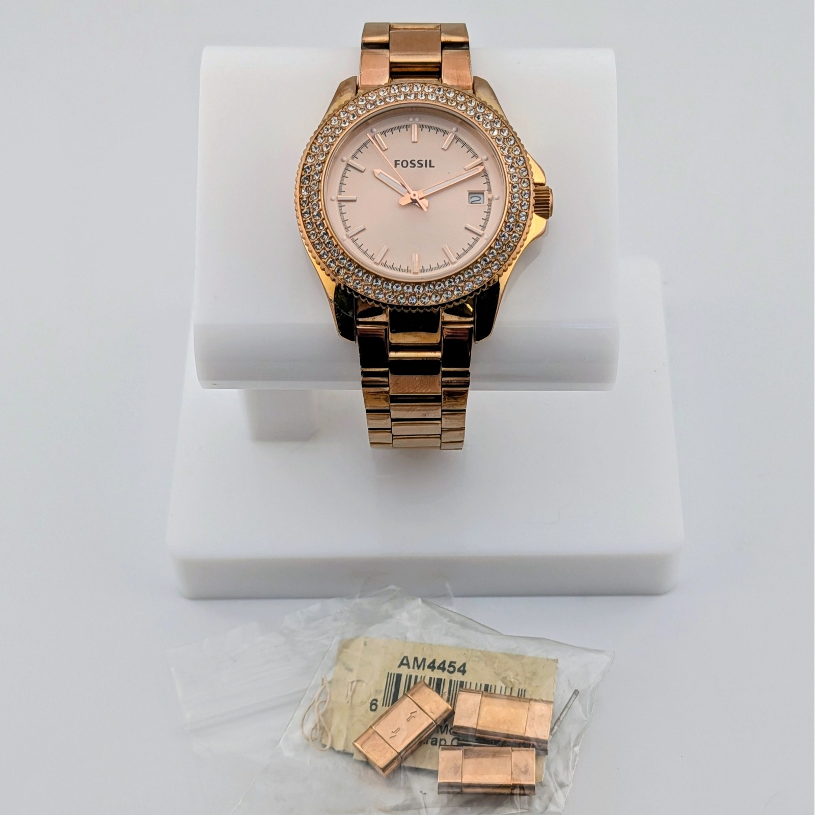 Fossil Retro Traveler Am4454 Watch Rose Gold Crystal Bezel Guilloche Dial 36mm Fossil Retro Traveler Am4454 Watch Rose Gold Crystal Bezel Guilloche Dial 36mm